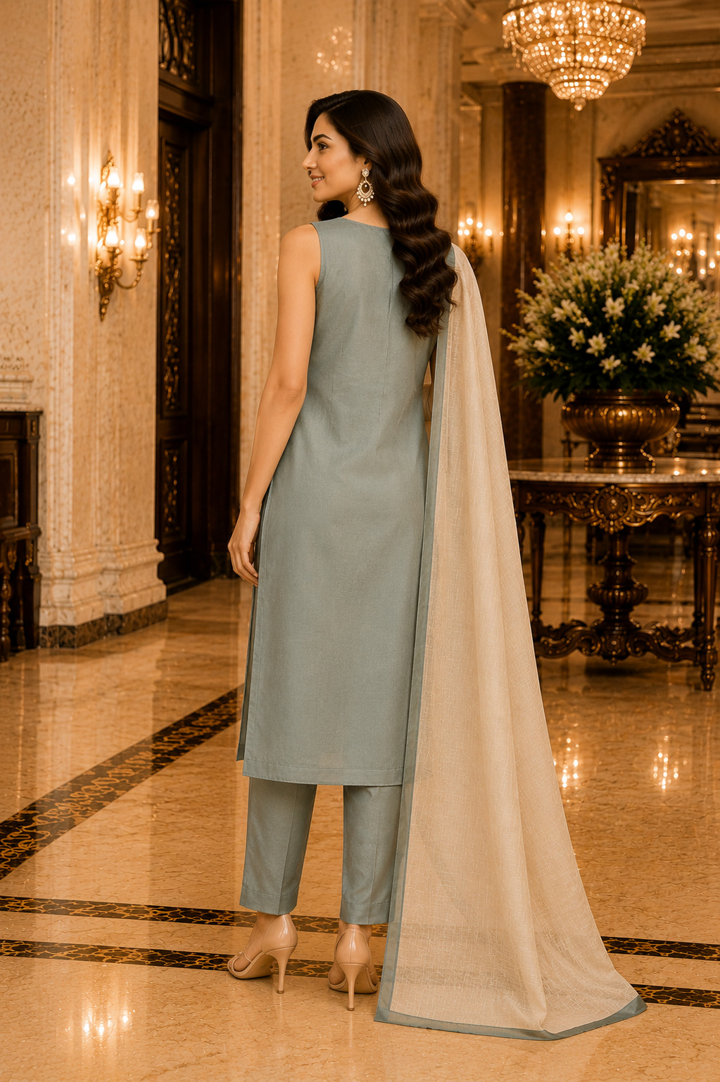 Dusty Grey Floral Embroidered Straight Suit Set with Ivory Dupatta