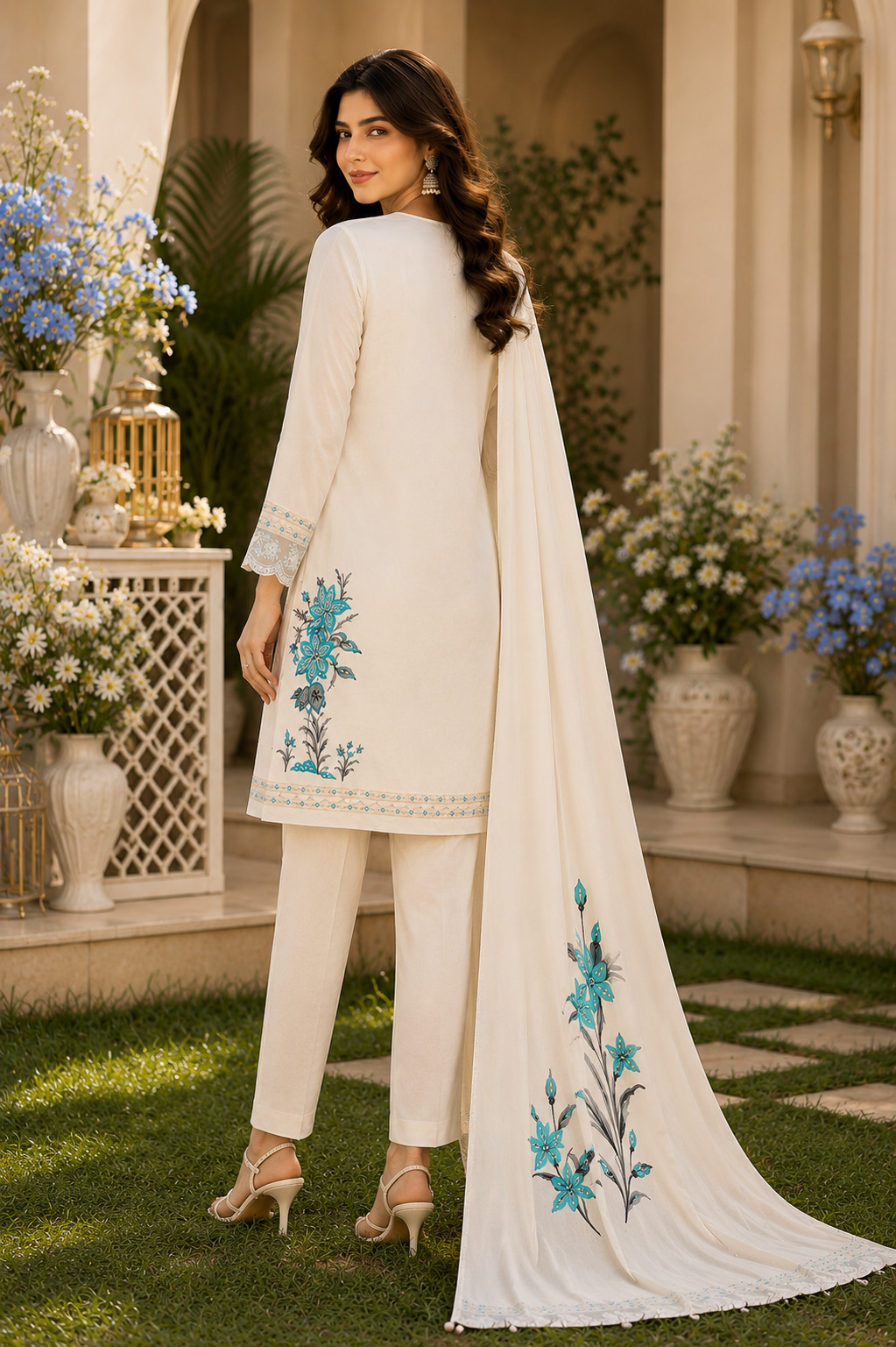 Ivory White Embossed & Embroidered A-Line Suit Set with Dupatta