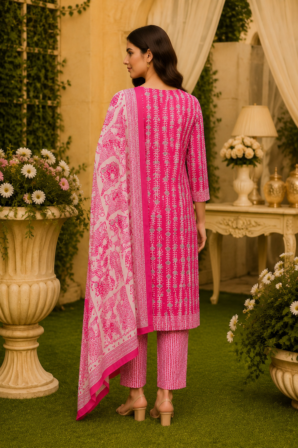 Magenta Printed Straight Suit Set with Dupatta for Women