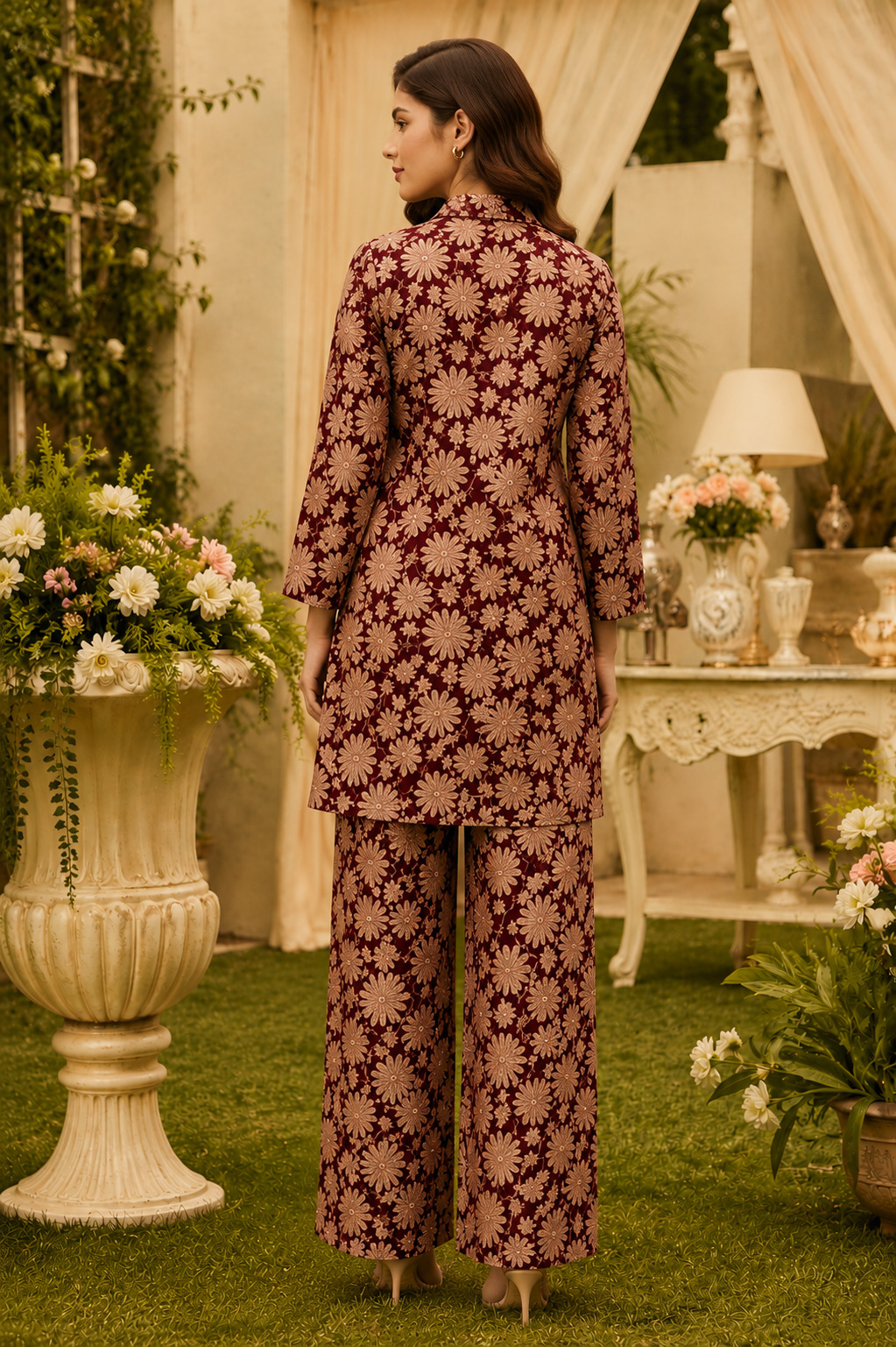Maroon Floral Printed Vatican Cotton Silk Co-Ord Set with Long Kurta & Palazzo Pants