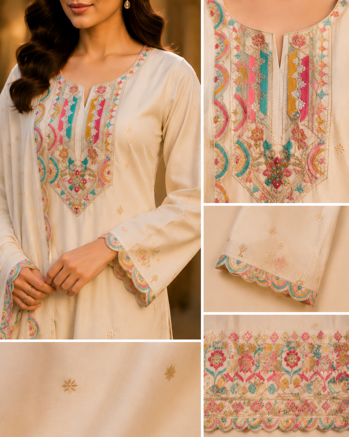 Ivory White Embroidered Straight Suit Set in Shimmer Blended Silk with Dupatta