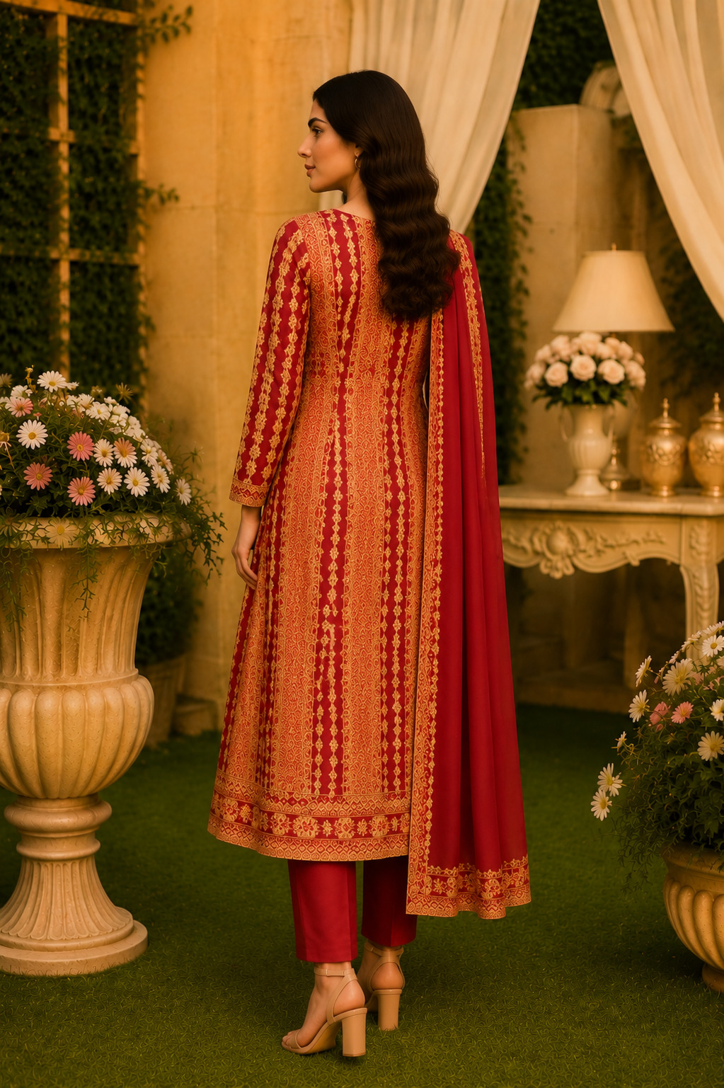 Maroon & Beige Printed A-Line Kurta, Pant & Dupatta Set in Premium Cotton