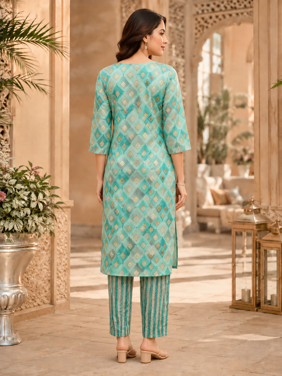 Aqua Blue Geometric Printed Straight Kurta & Pant Set