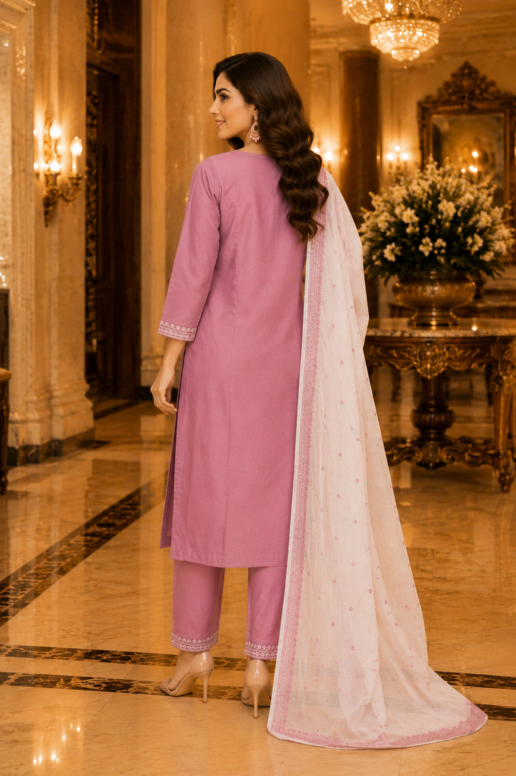 Dusty Rose Straight Suit Set in Vichitra Silk with Blended Silk Dupatta