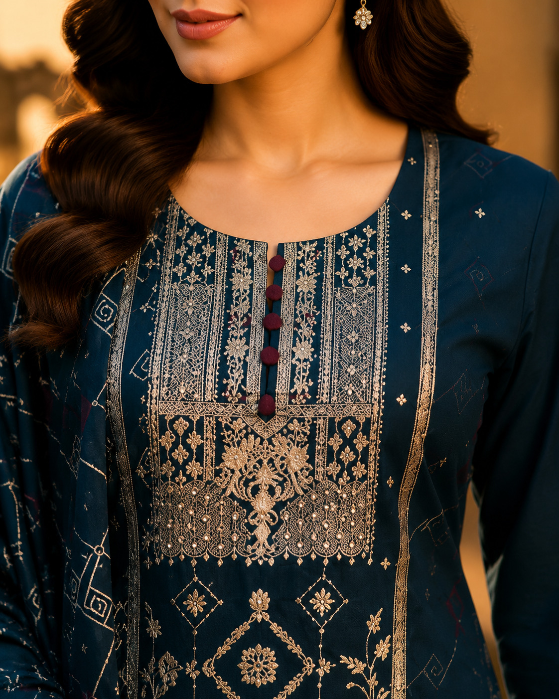 Navy Blue Straight Suit Set in Vichitra Silk with Banarasi Silk Dupatta