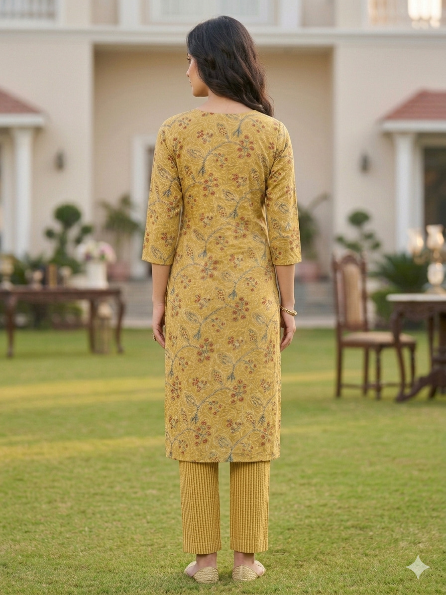 Mustard Floral Printed Cotton Straight Kurta & Pant Set