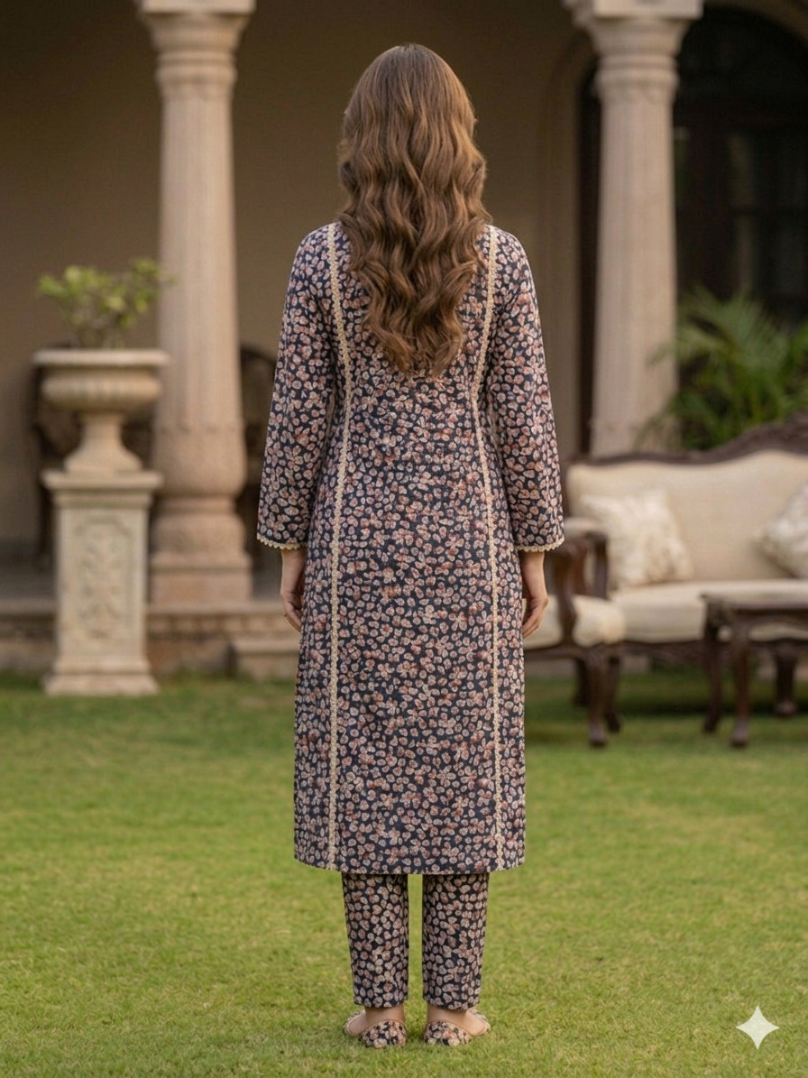 Navy Blue Floral Printed Linen Blend Straight Kurta & Pant Set