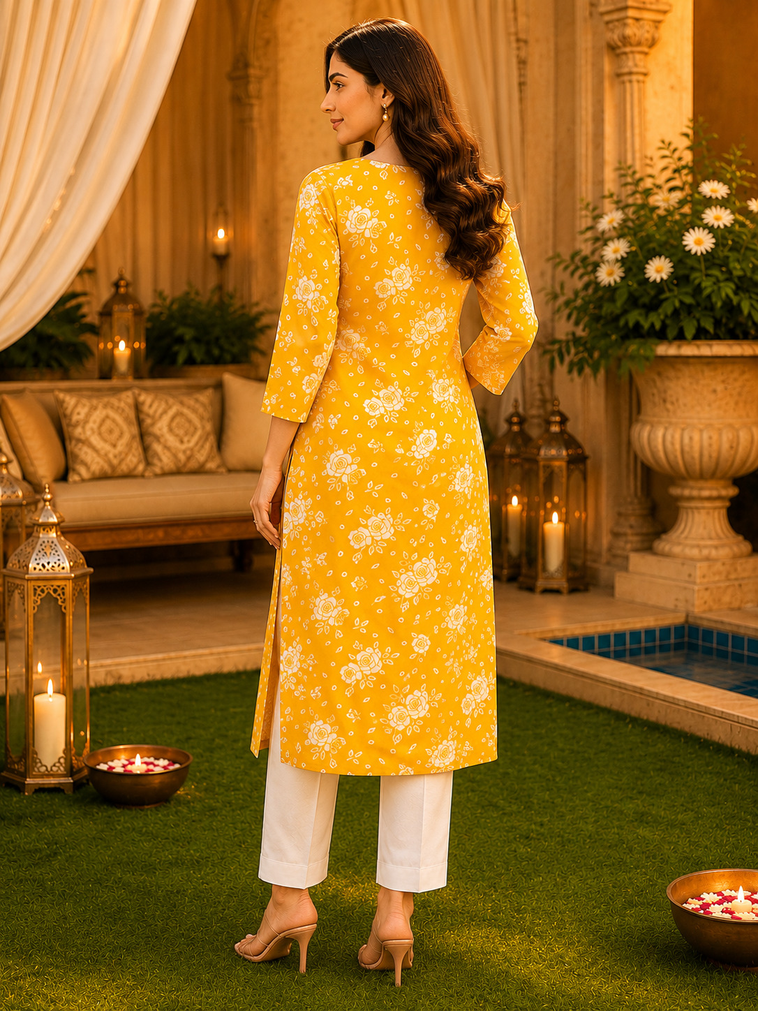 Sunshine Yellow Floral Printed Linen Cotton Straight Kurta & Pant Set