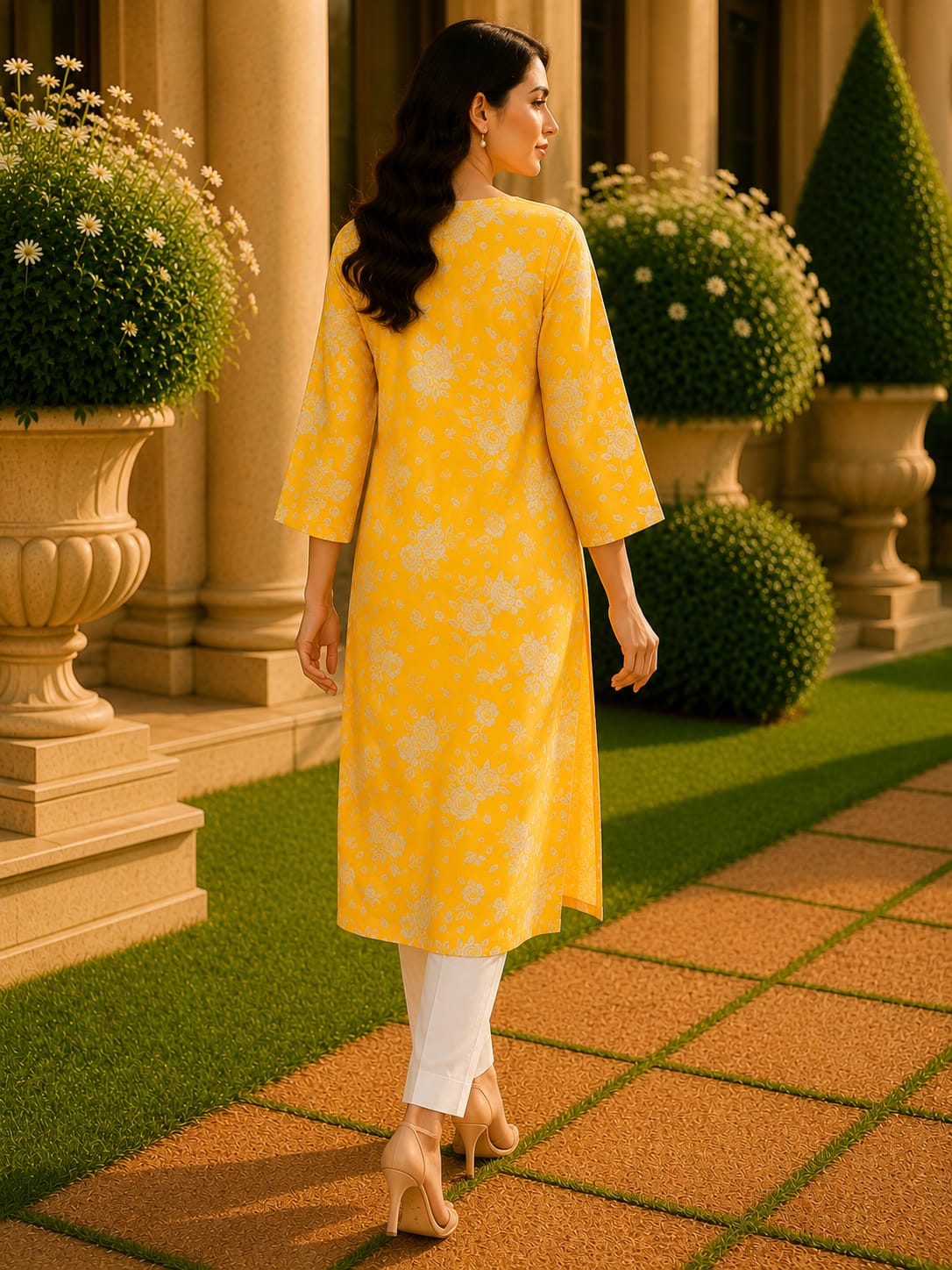 Sunflower Yellow Floral Printed Linen Cotton Straight Kurta & Pant Set2