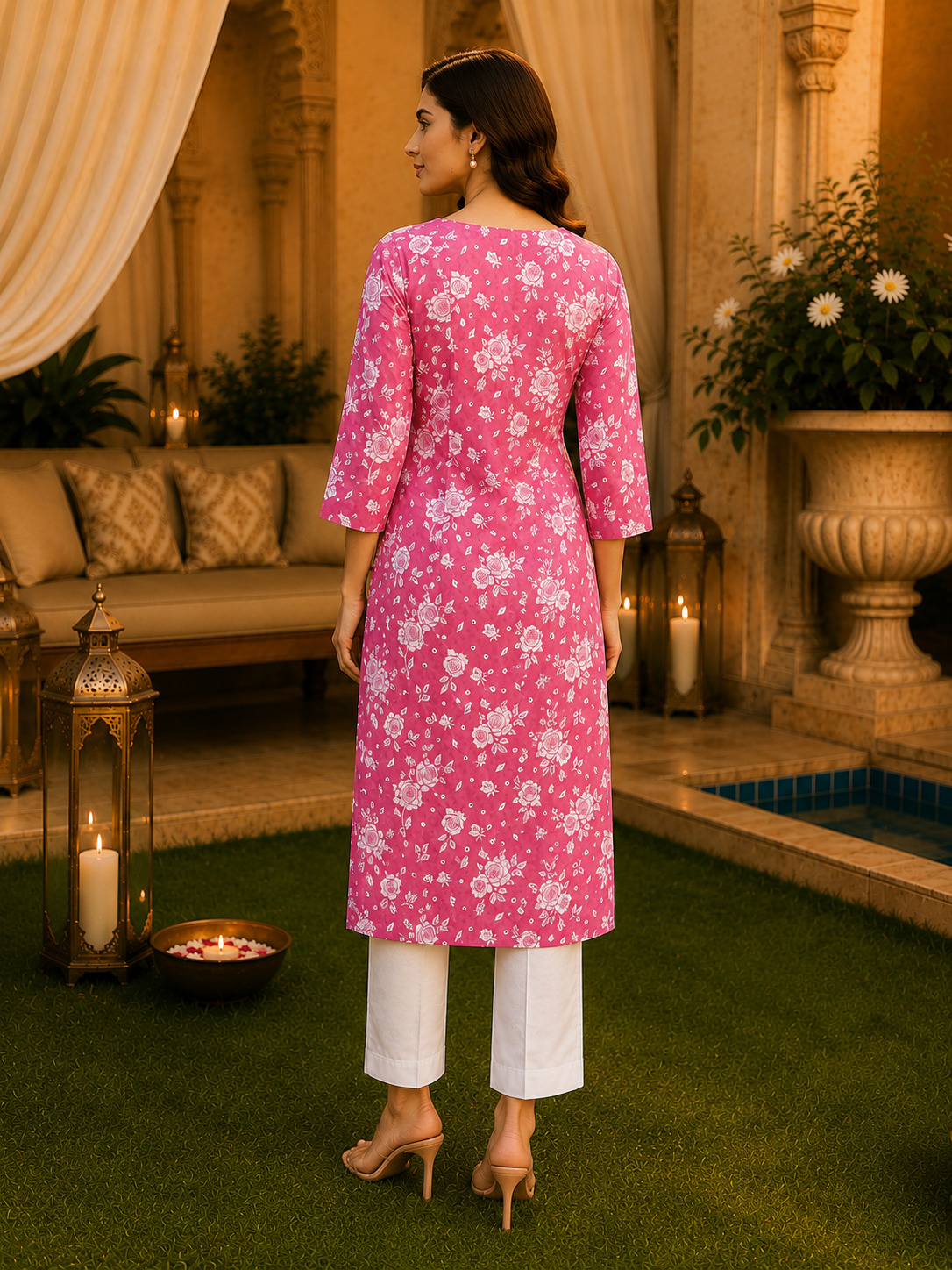 Rani Pink Floral Printed Linen Cotton Straight Kurta & Pant Set