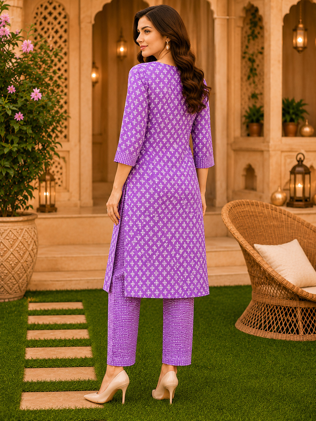 Lavender Hand Block Printed Cotton Straight Kurta & Pant Set