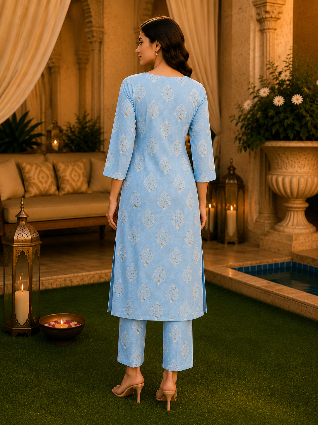 Sky Blue Printed Rayon Straight Kurta & Pant Set