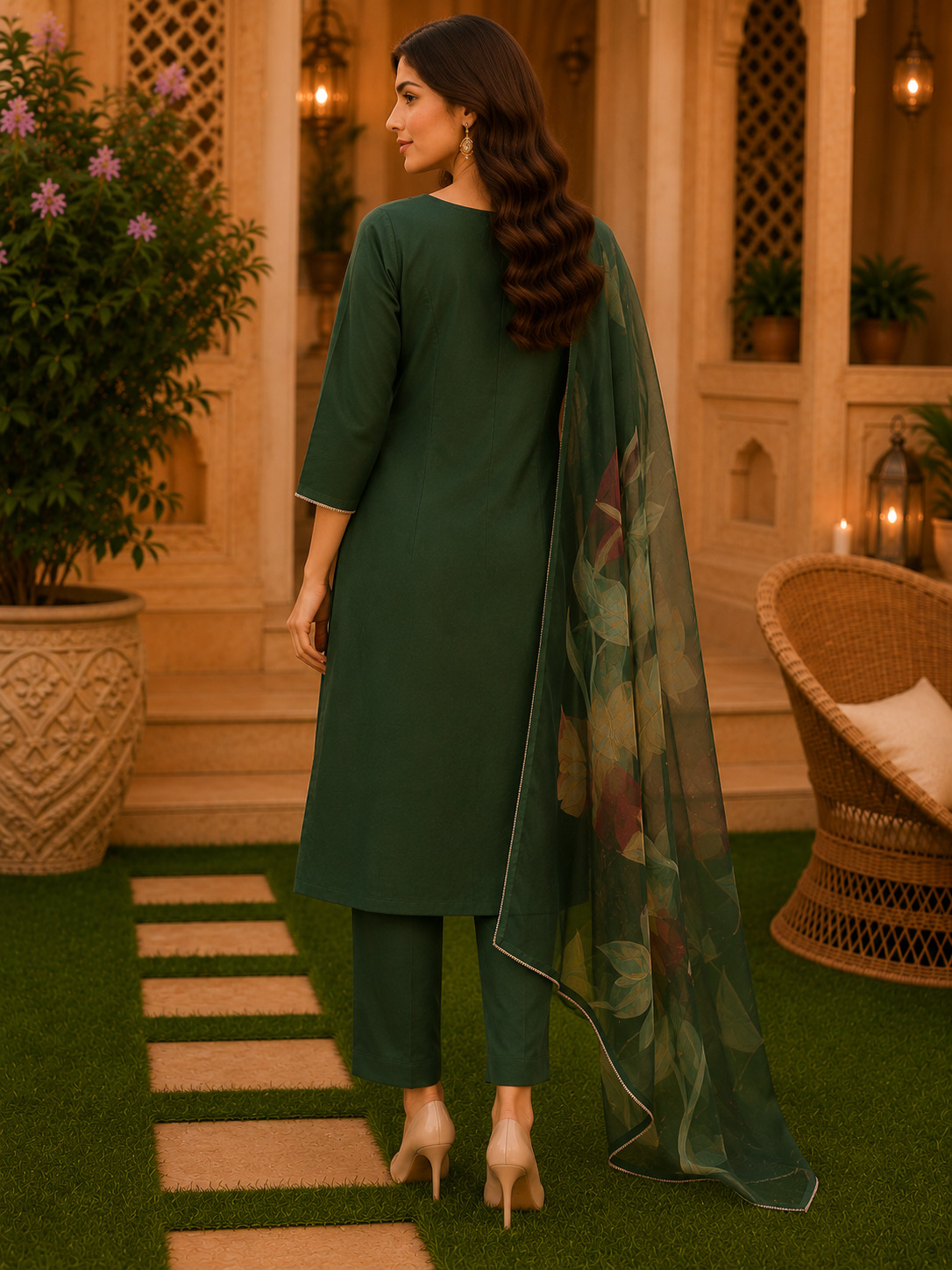 Emerald Green Embroidered Maslin Straight Suit Set with Organza Dupatta