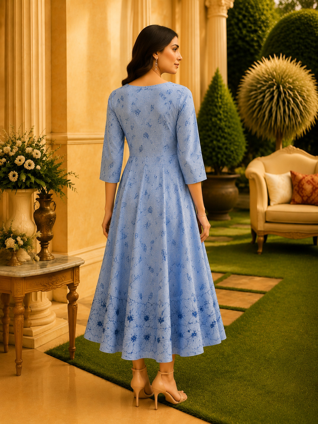 Sky Blue Floral Printed Premium Slub Cotton Frock Style Kurta