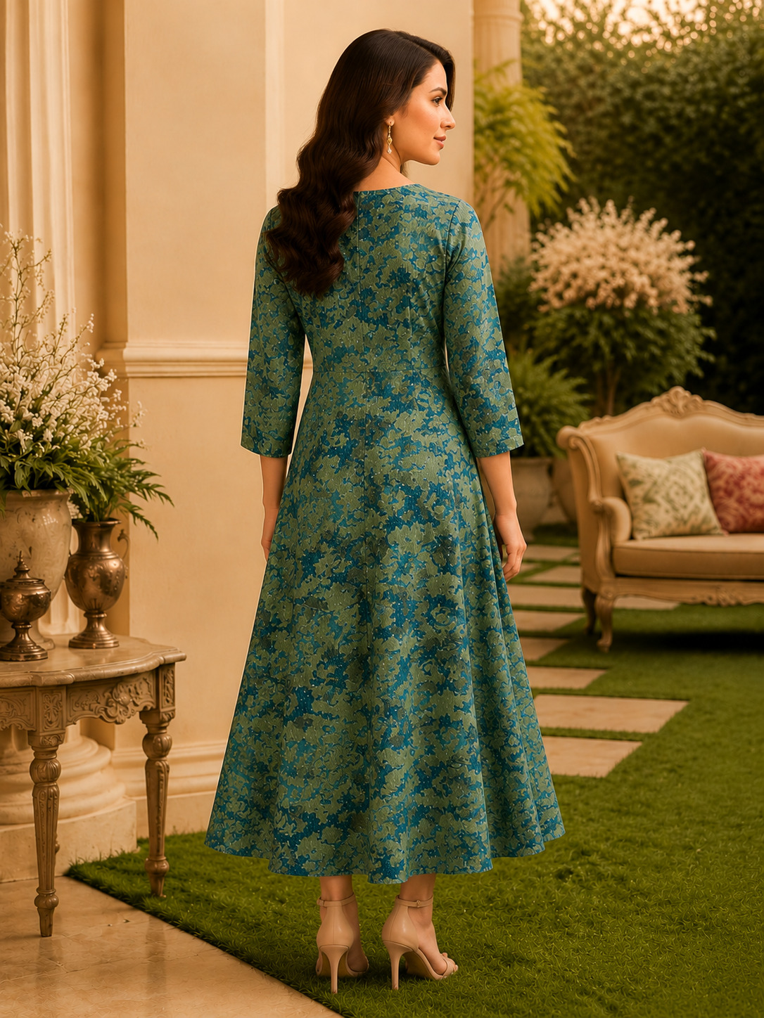 Emerald Bloom Long Frock Kurta in Capsule Blend Cotton