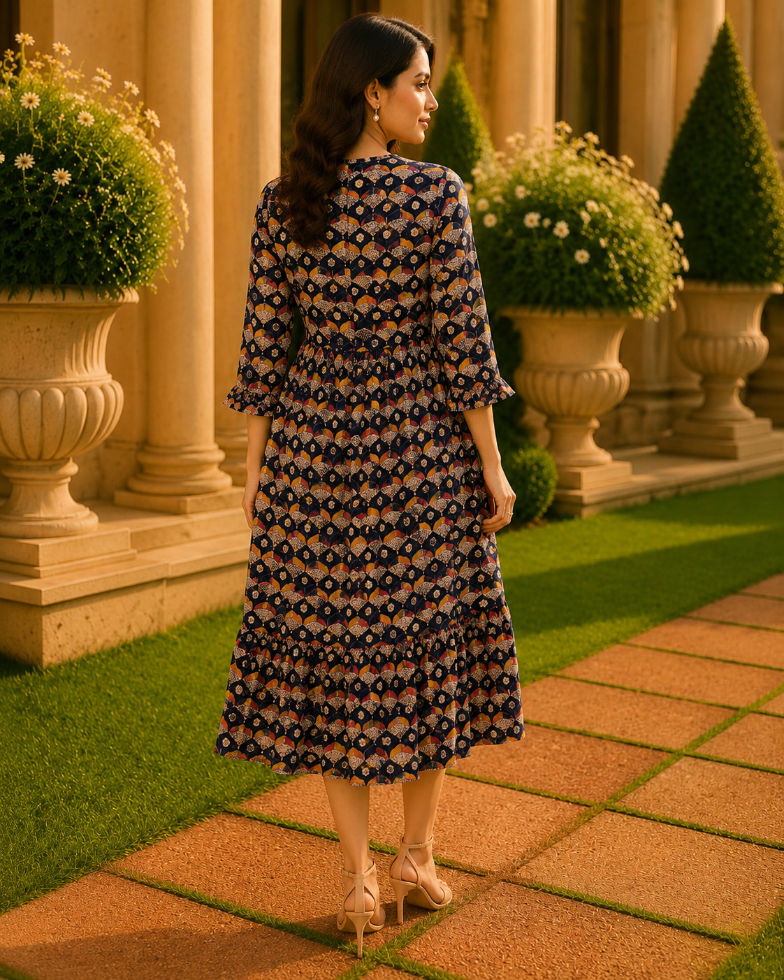 Navy Blue Printed Rayon Frock Style Kurti for Women  Elegant Flared Casual Wear