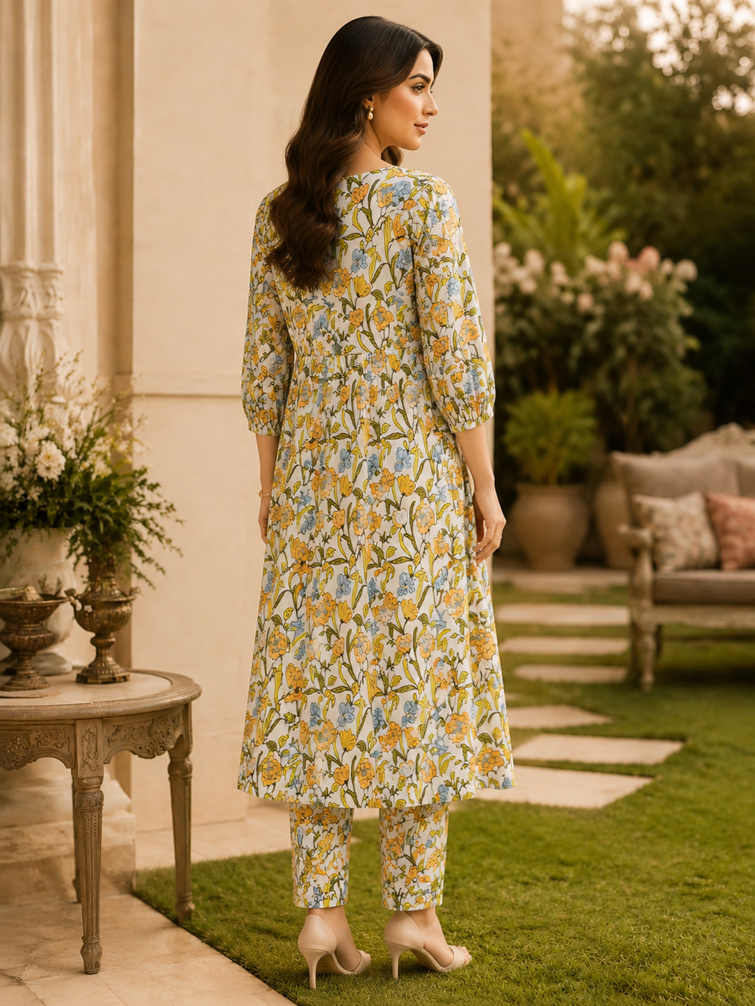 Premium Poplin Cotton Floral Frock Style Kurta & Pant Set for Women – White & Mustard Floral Print