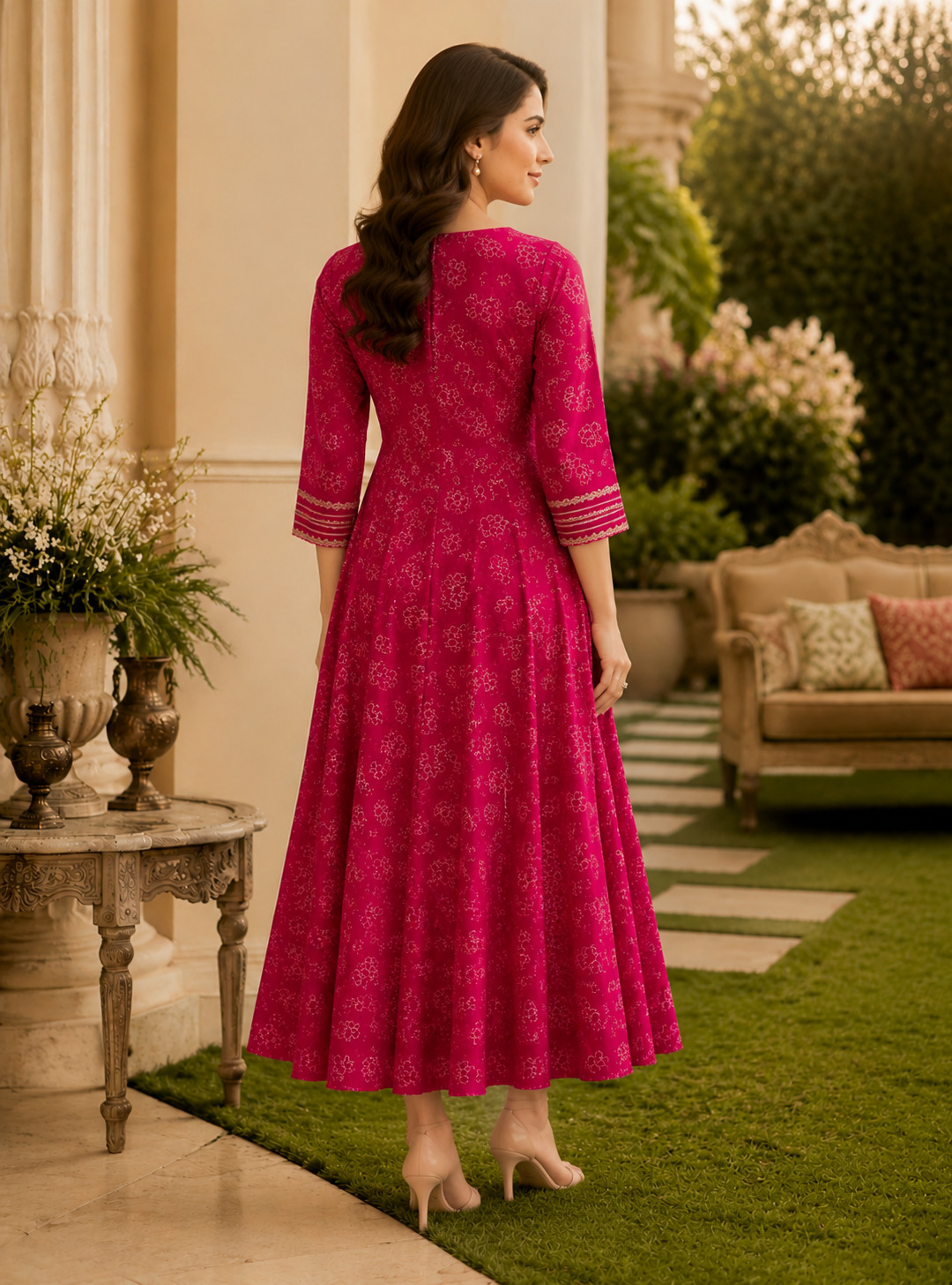 Rani Pink Zari Work Long Frock Kurta in Premium Rayon