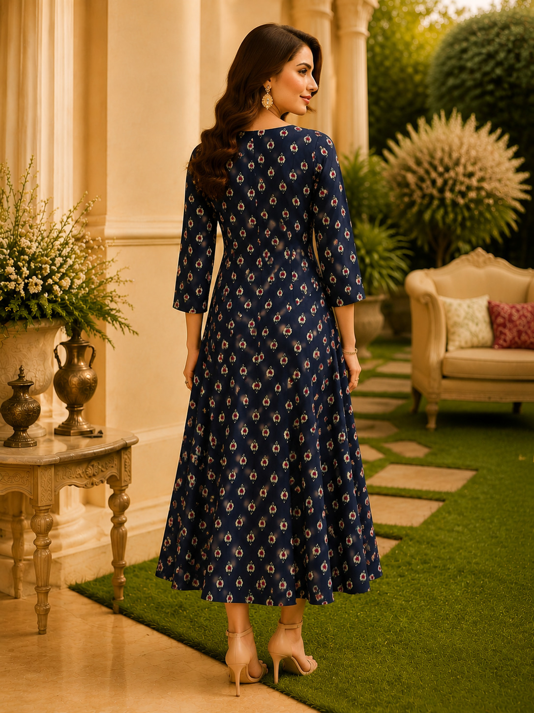 Navy Blue Printed Long Frock Style Kurta for Women – Capsule Blended Cotton