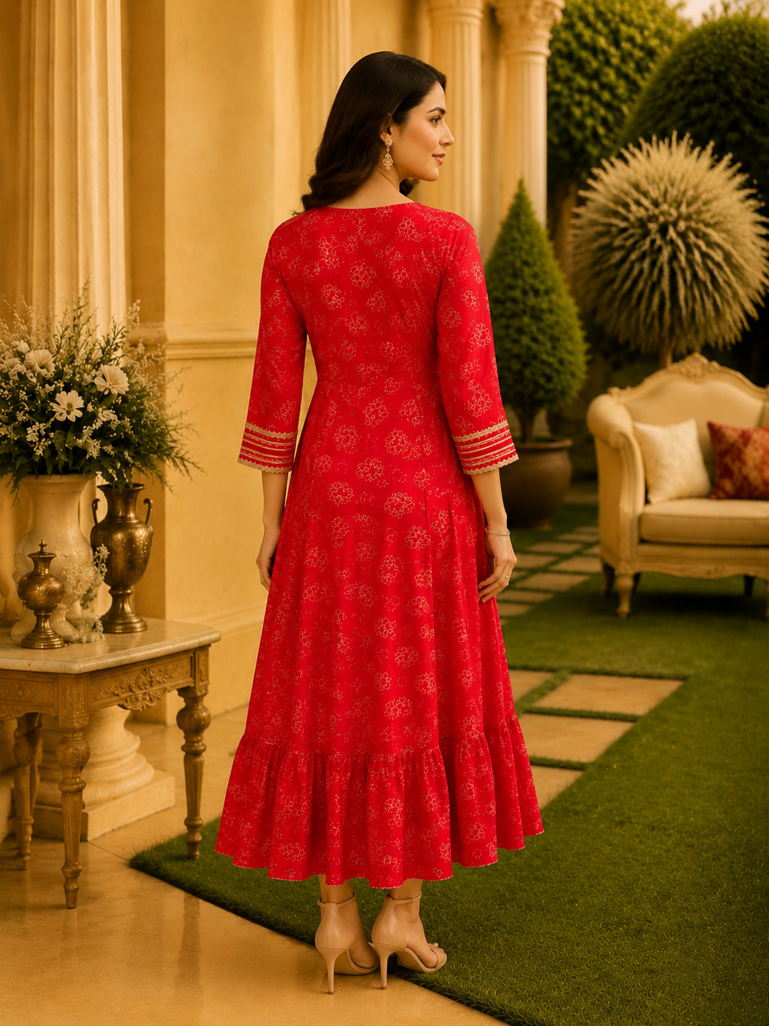 Red Embroidered Long Frock Style Kurta for Women – Premium Rayon