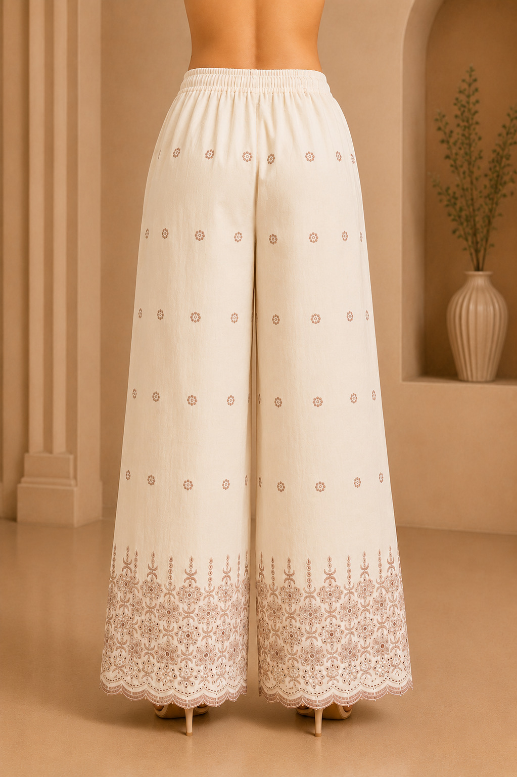 Off White Zari & Cut Work Palazzo – Premium Jute Embroidered Flared Palazzo for Women