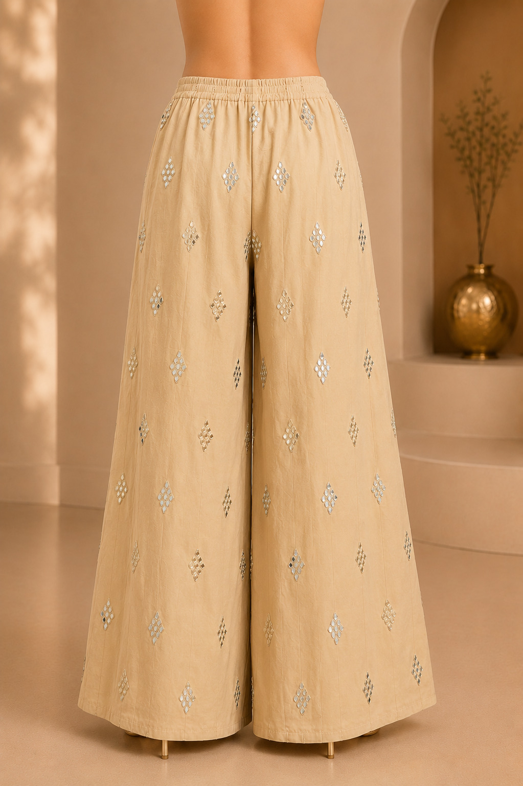 Beige Premium Rayon Palazzo with Mirror Work Embellishment