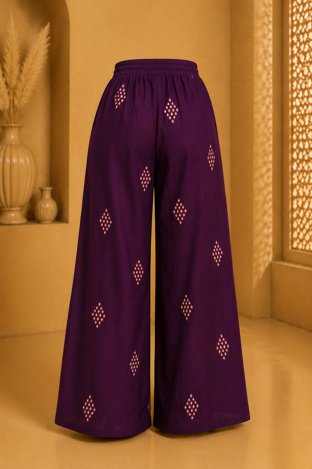 Premium Rayon Mirror Work Palazzo – Deep Purple Ethnic Wide-Leg Palazzo for Women