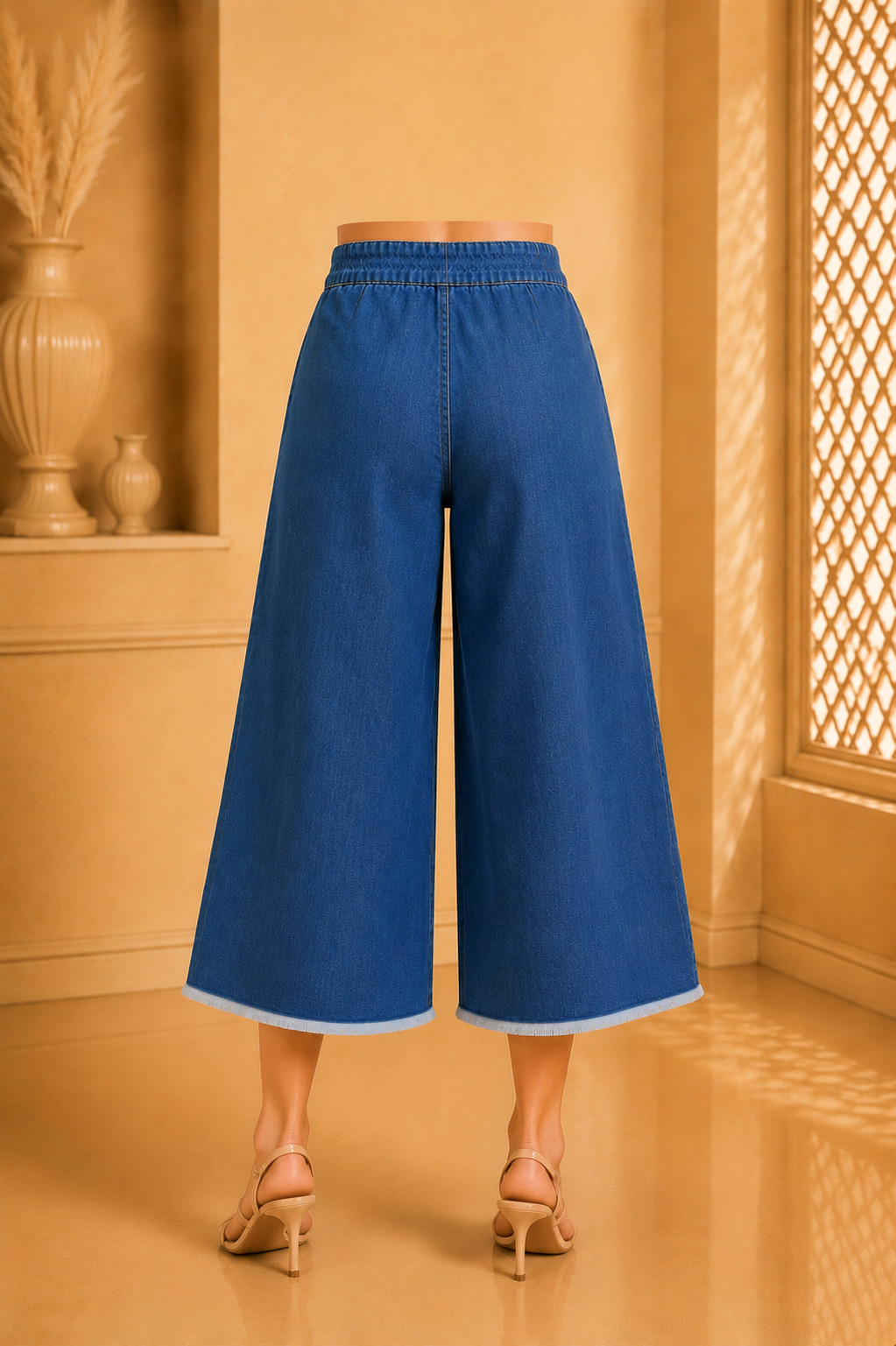 Womens Soft Denim Capri Style Palazzo – Blue Wide Leg Crop Palazzo