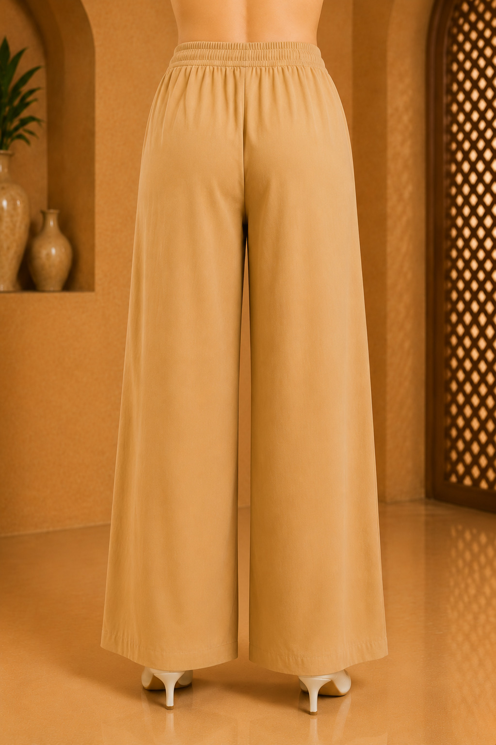 Womens Premium Rayon Palazzo – Beige Solid Flared Palazzo Pant