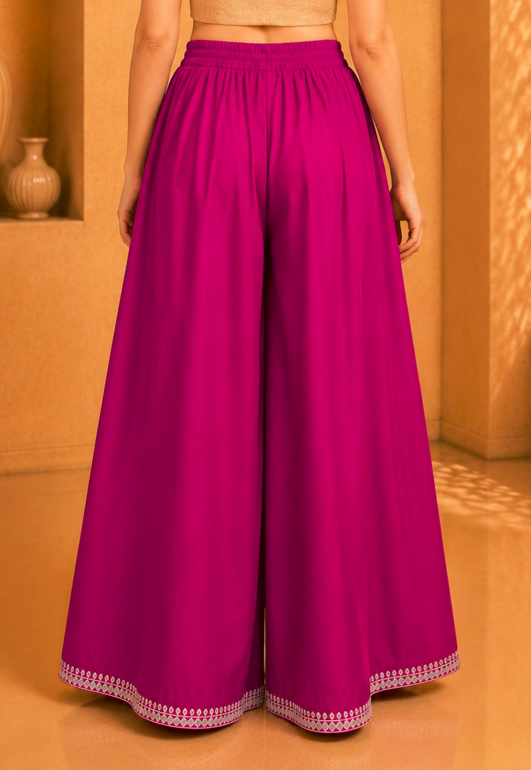 Womens Premium Rayon Palazzo with Silver Gota Patti Border – Magenta Pink Ethnic Palazzo