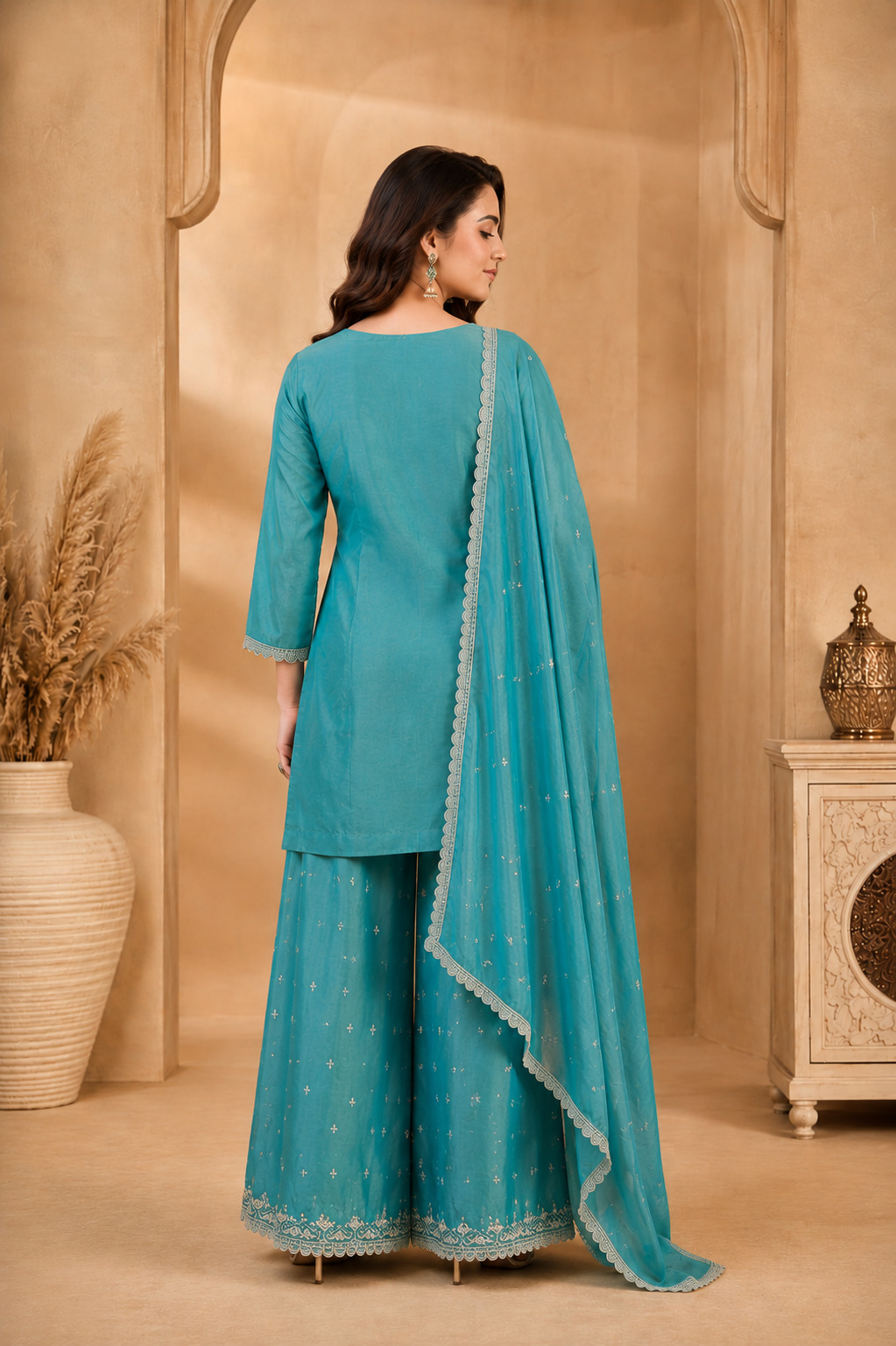 Aqua Blue Embroidered Flared Palazzo Set with Dupatta