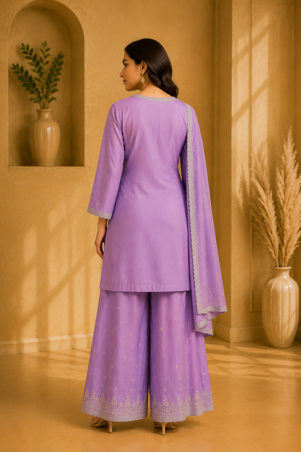 Lavender Embroidered Flared Palazzo Set with Dupatta