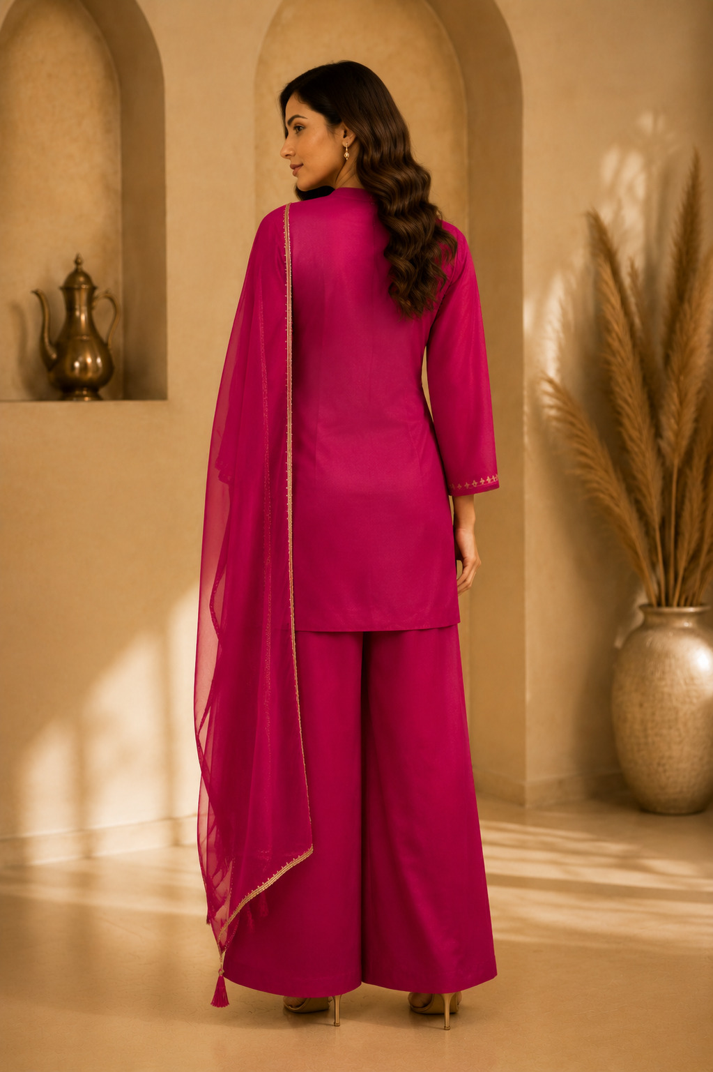 Rani Pink Soft Blended Silk Flared Palazzo Set with Dupatta | Premium Festive Ethnic Wear