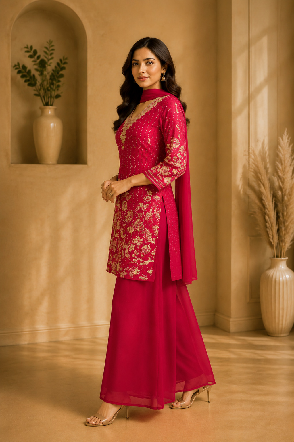 Red Embroidered Palazzo Set with Dupatta