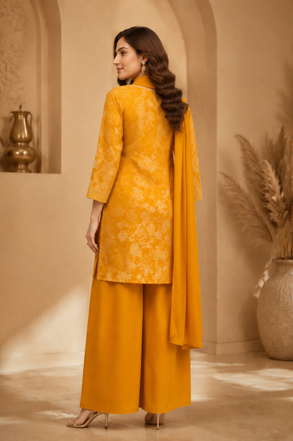 Mustard Yellow Flared Palazzo Set with Chiffon Dupatta | Soft Blended Crepe Ethnic Suit Set