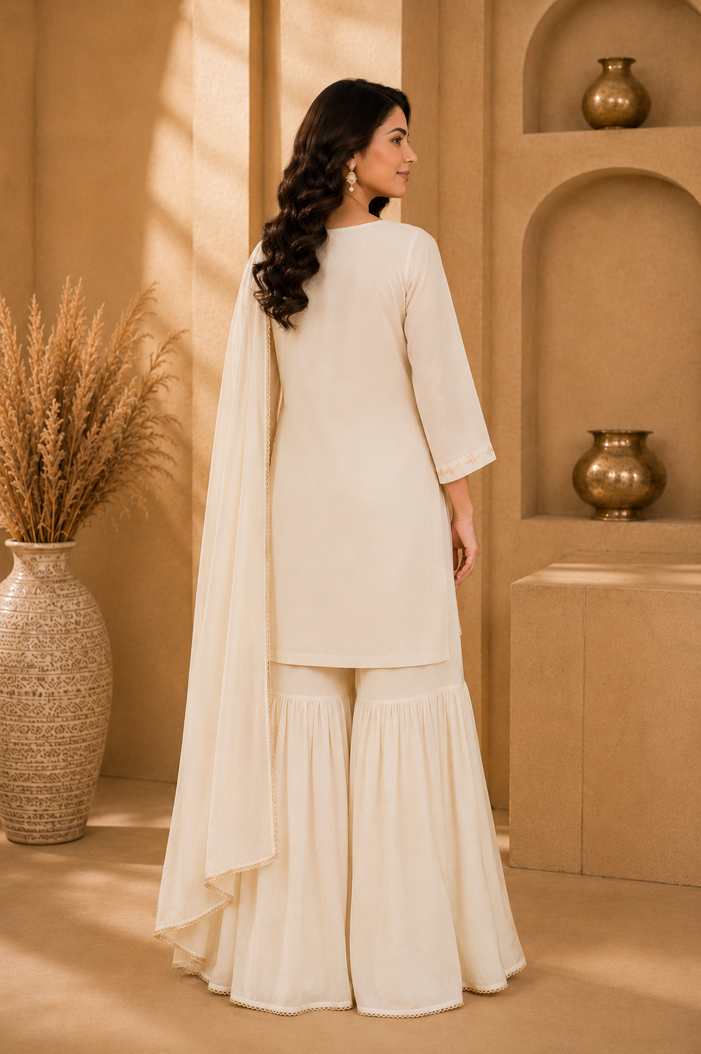 Ivory Embroidered Sharara Set with Dupatta