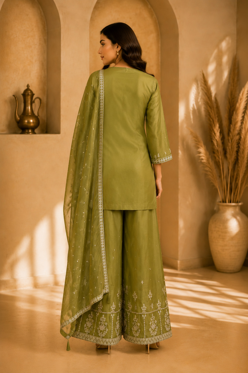 Henna Green Flared Palazzo Set with Dupatta | Soft Blended Silk Designer Ethnic Wear