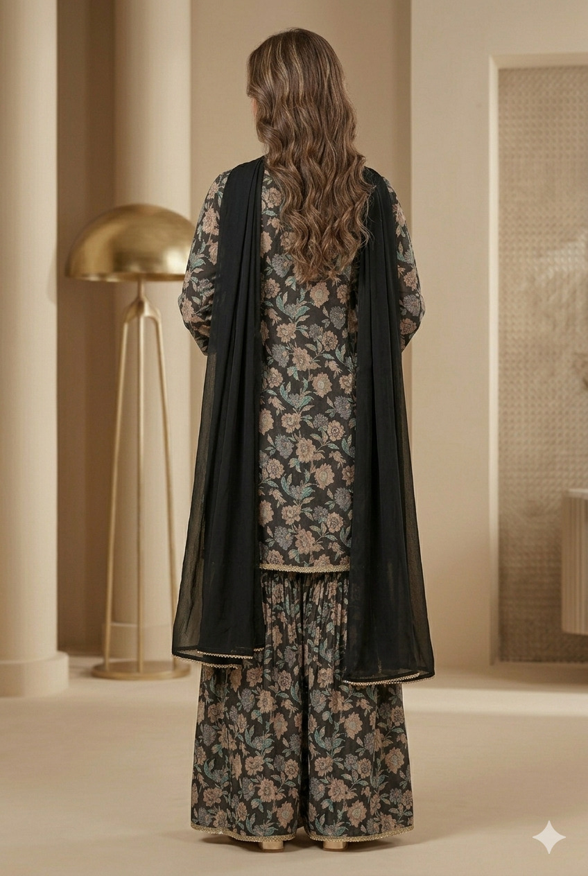 Black Premium Muslin Aliya Cut Sharara Set with Dupatta