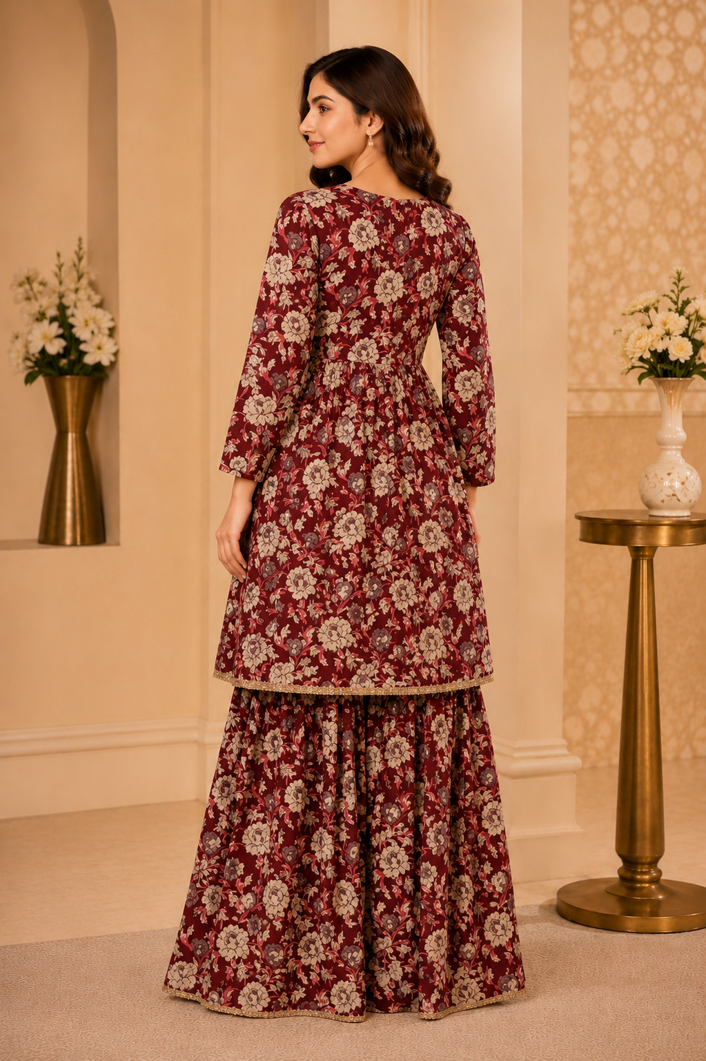 Maroon Premium Muslin Aliya Cut Sharara Set with Chiffon Dupatta