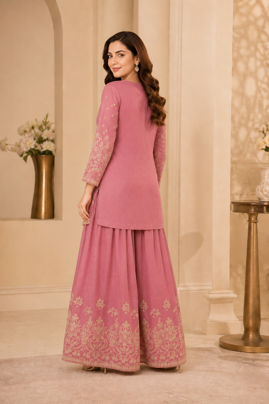 Dusty Rose Soft Blended Crepe Silk Flaired Palazzo Set with Dupatta