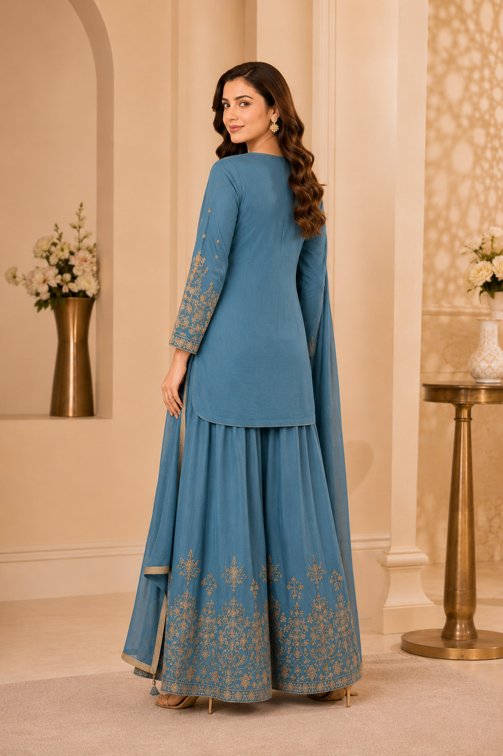 Dusty Blue Soft Blended Crepe Silk Flaired Palazzo Set with Dupatta