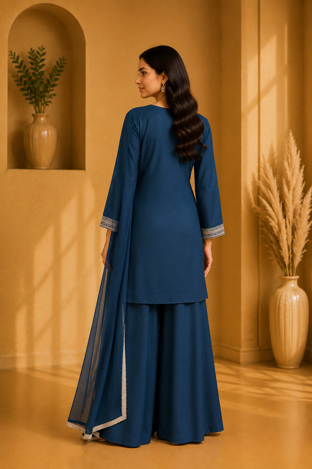 Teal Blue Soft Blended Crepe Silk Flaired Palazzo Set with Matching Dupatta