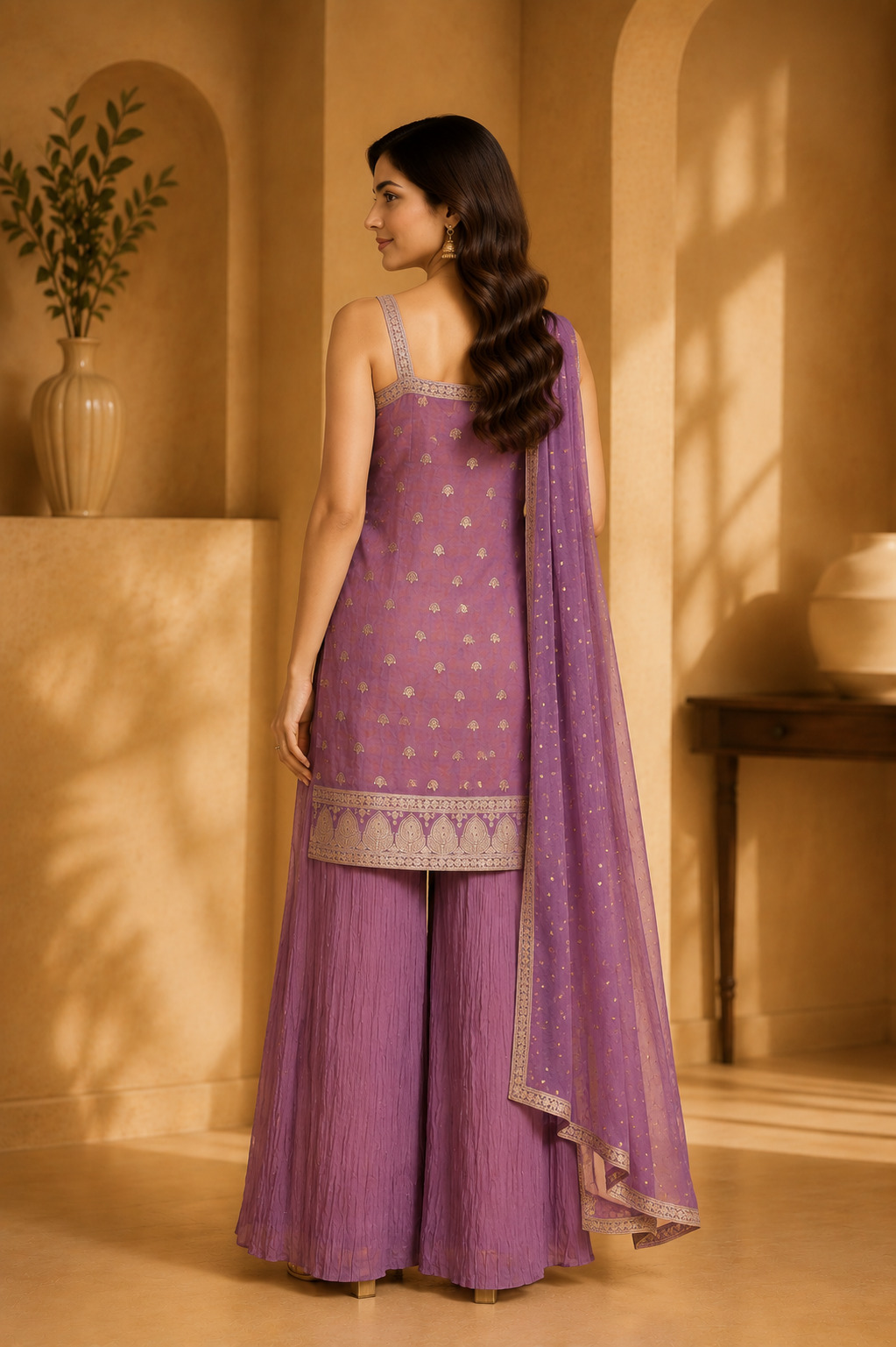 Lavender Soft Blended Shimmer Silk Flaired Palazzo Set with Silk Chinnon Chiffon Dupatta