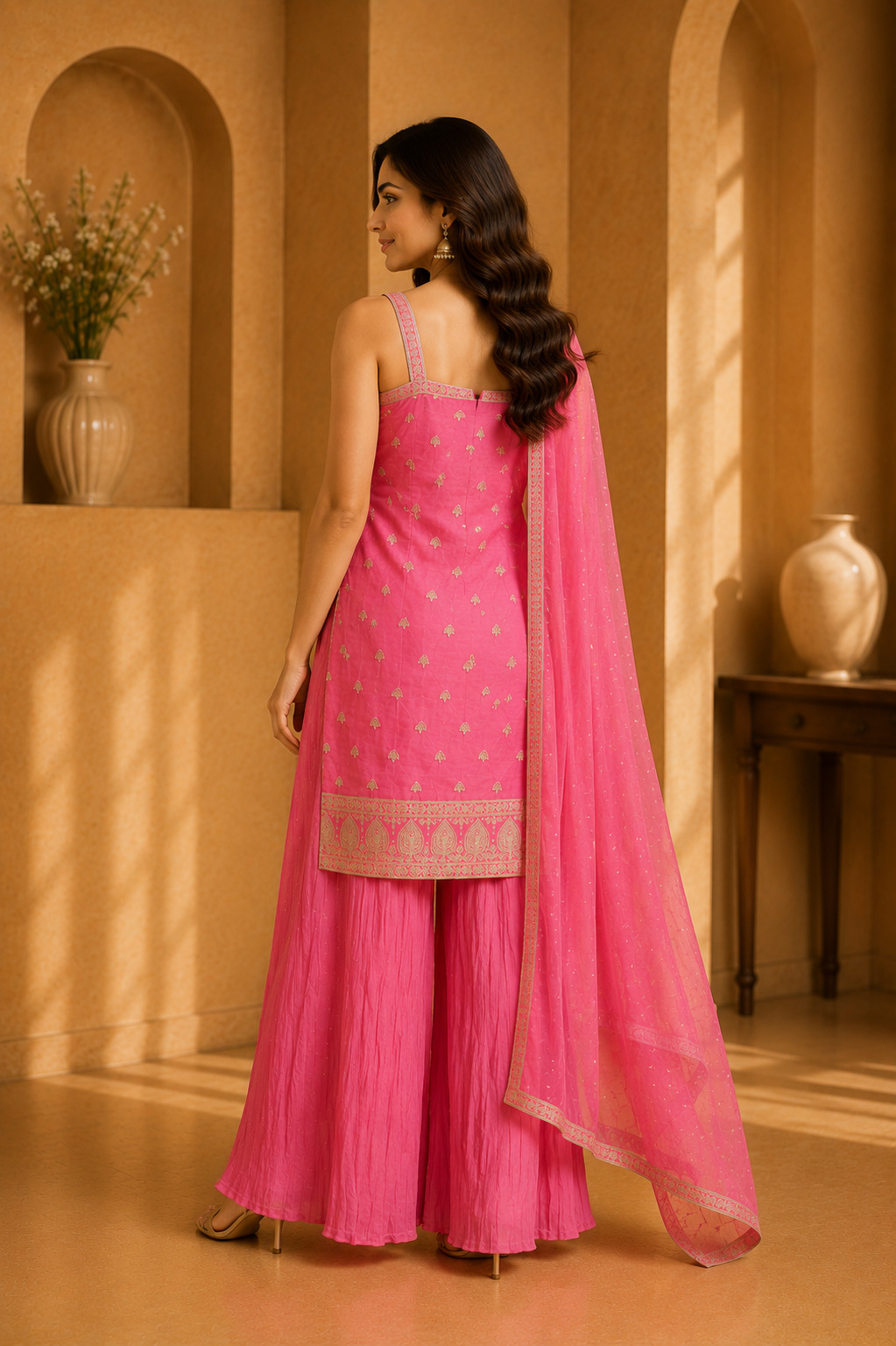 Rani Pink Soft Blended Shimmer Silk Flaired Palazzo Set with Silk Chinnon Chiffon Dupatta