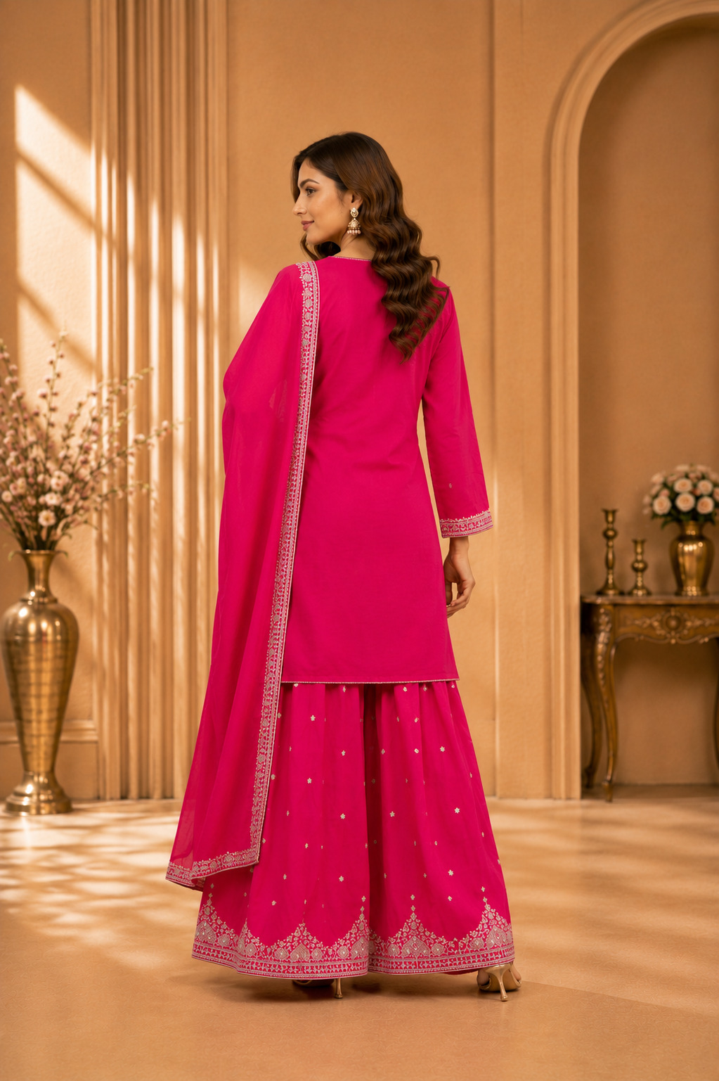 Rani Pink Soft Blended Silk Chinnon Chiffon Flaired Palazzo Set with Subtle Golden Embroidery