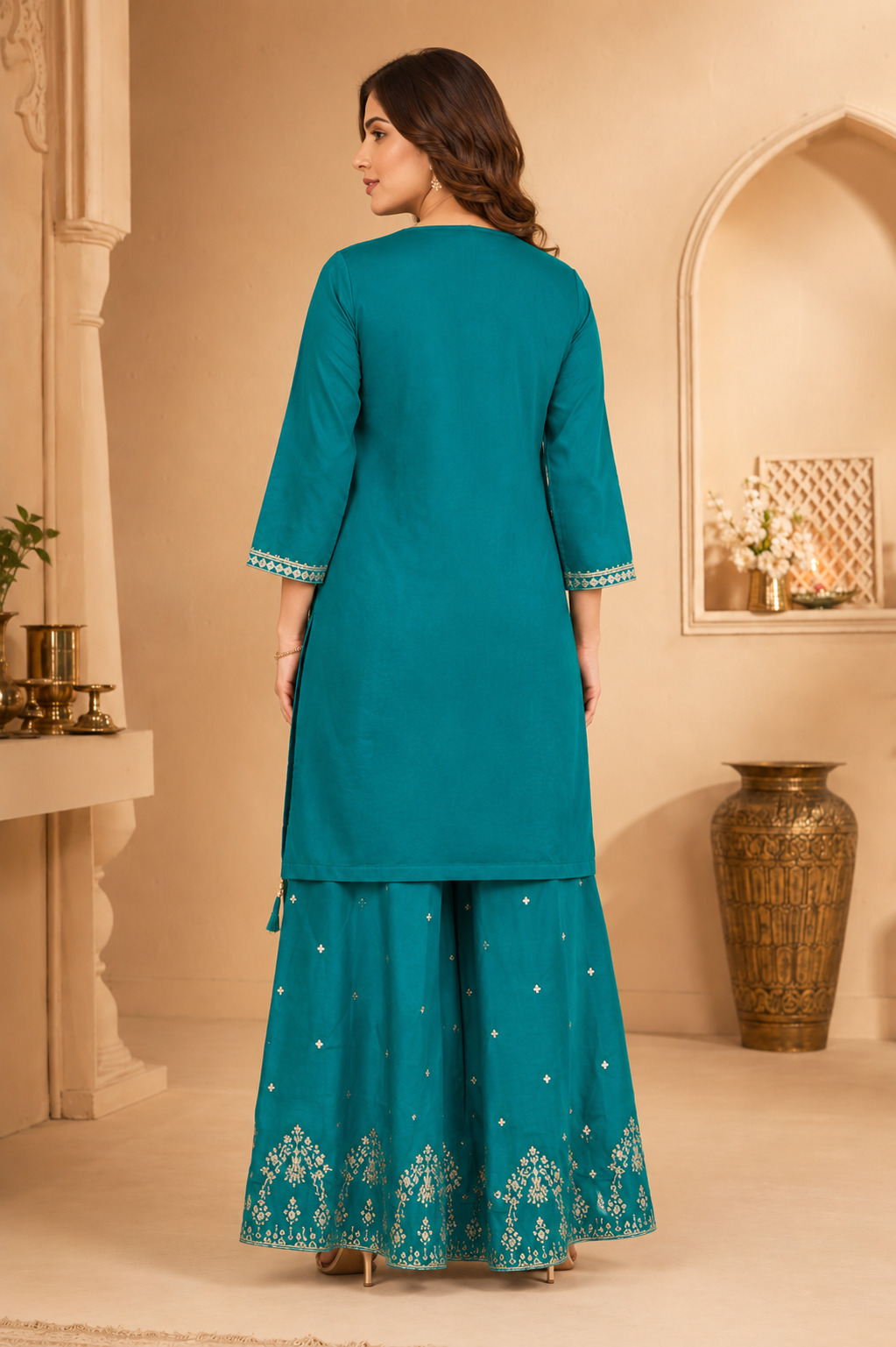 Turquoise Soft Blended Silk Flaired Palazzo Set with Embroidered Dupatta