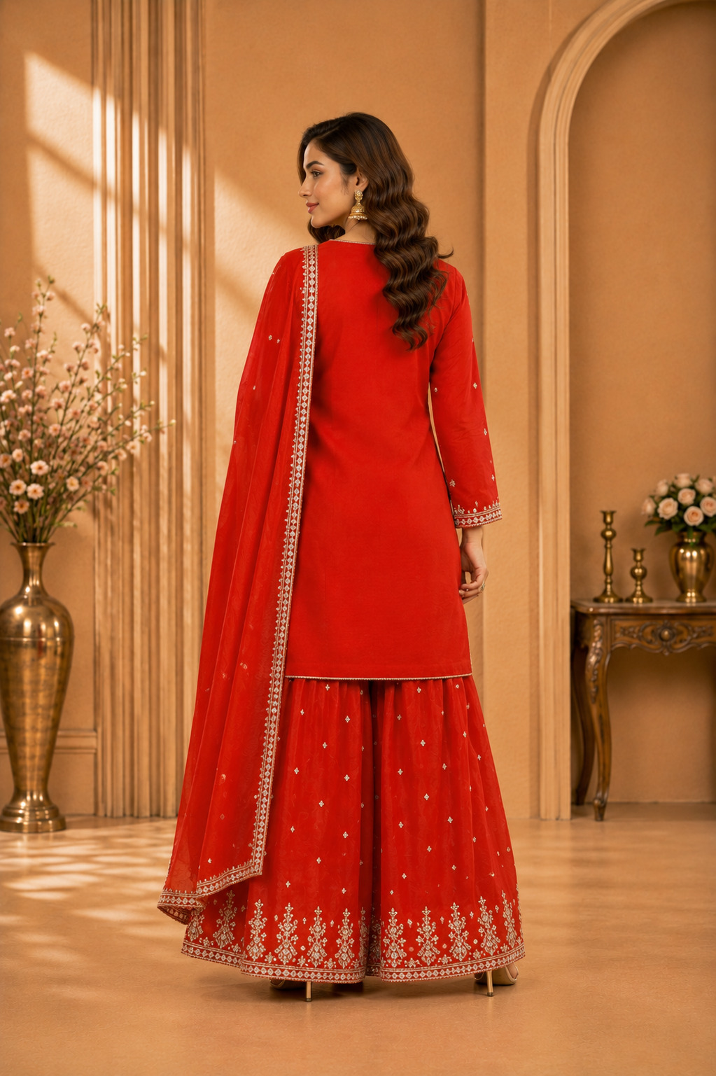 Rust Orange Embroidered Flared Palazzo Set with Dupatta