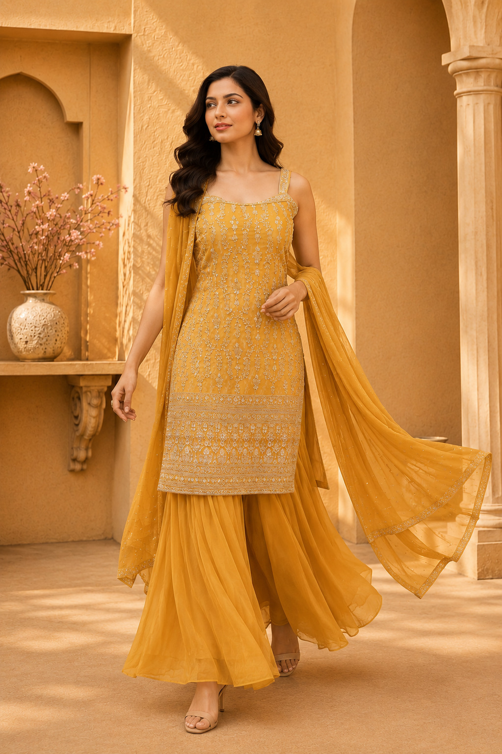 Mustard Yellow Embroidered Flared Palazzo Set with Chinnon Chiffon Dupatta