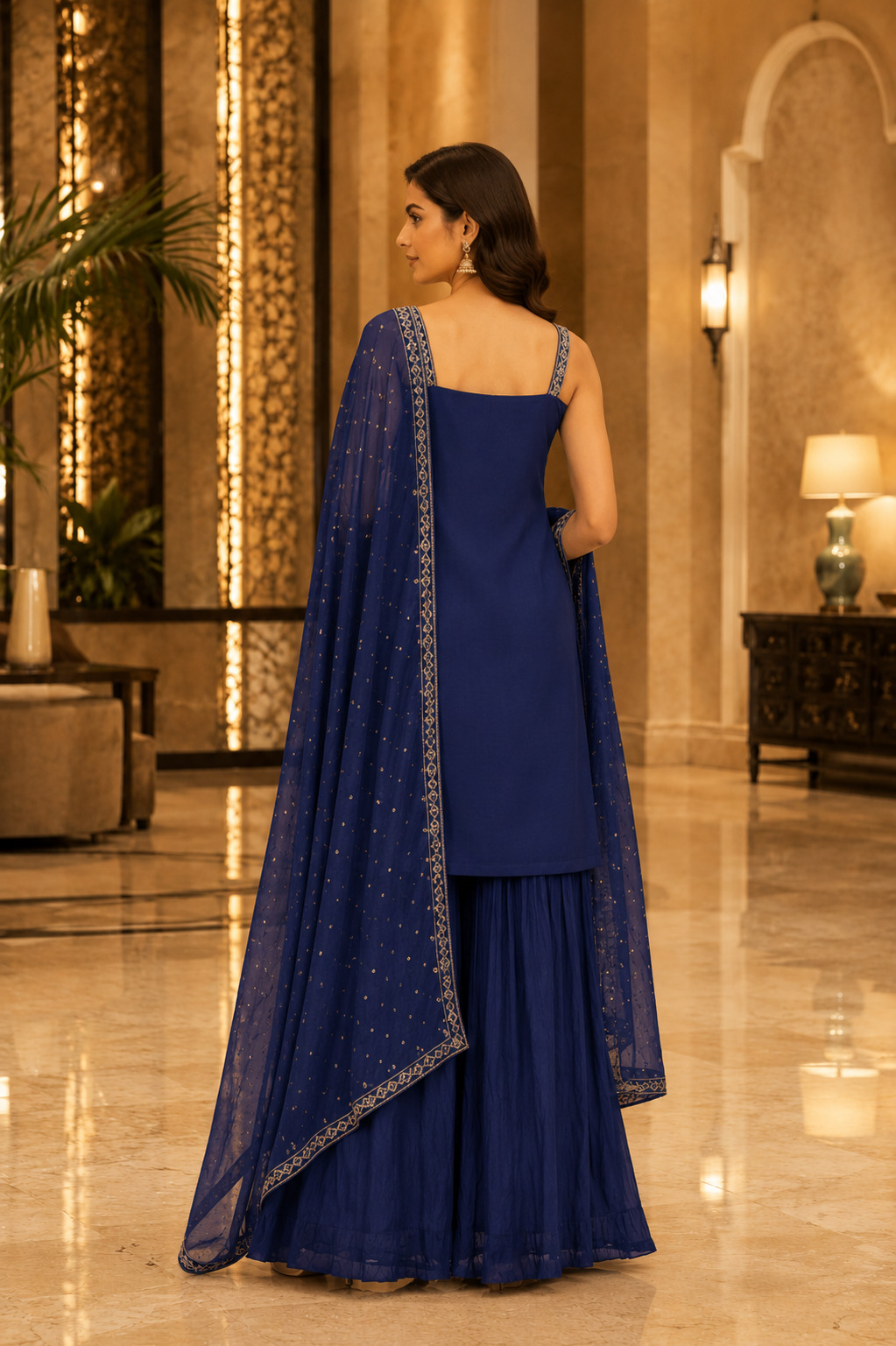 Deep Royal Blue Embroidered Flared Palazzo Set with Chinnon Chiffon Dupatta