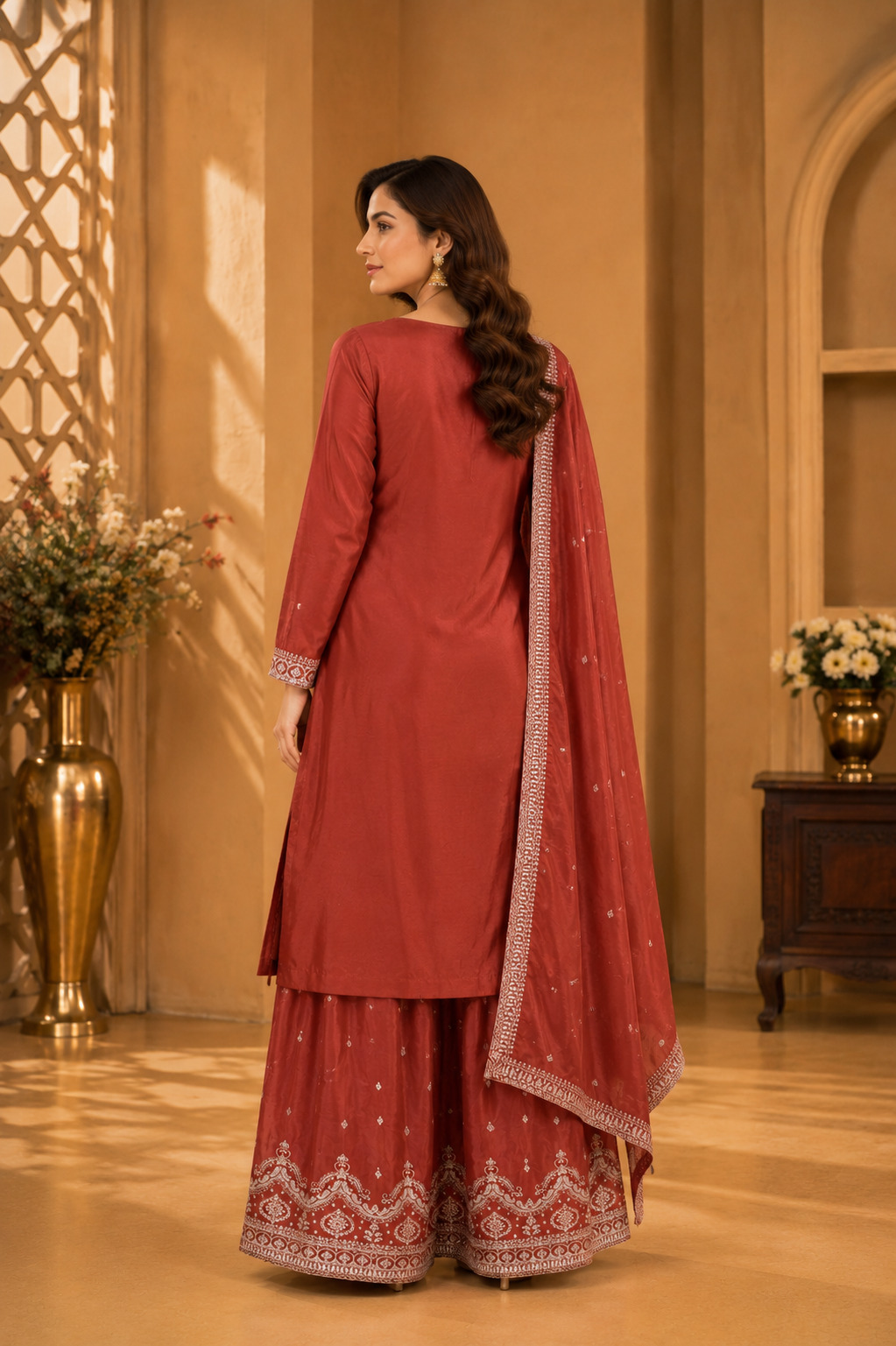 Rust Red Embroidered Flared Palazzo Set with Dupatta – Premium Soft Blended Silk